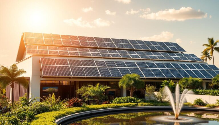 Uma tranquila instalação solar no telhado, com painéis brilhando sob a cálida luz do sol brasileiro, lança um brilho suave sobre o moderno edifício comercial abaixo. Painéis solares elegantes e eficientes, perfeitamente integrados ao projeto arquitetônico, aproveitam a energia solar para suprir as necessidades energéticas do empreendimento. Em primeiro plano, um jardim bem cuidado e um espelho d'água tranquilo, refletindo os painéis solares acima. A cena transmite uma sensação de sustentabilidade, inovação tecnológica e responsabilidade ambiental – um exemplo brilhante do futuro das energias renováveis para as empresas brasileiras.